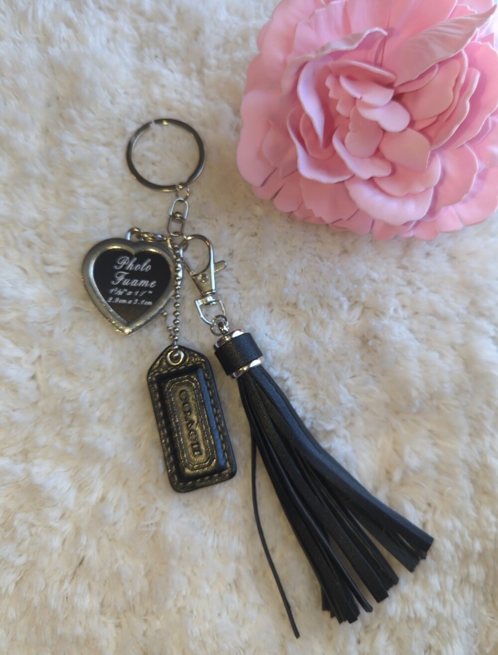 Coach Vintage Black Leather Hangtag + Tassel Keychain with Heart Photo Frame